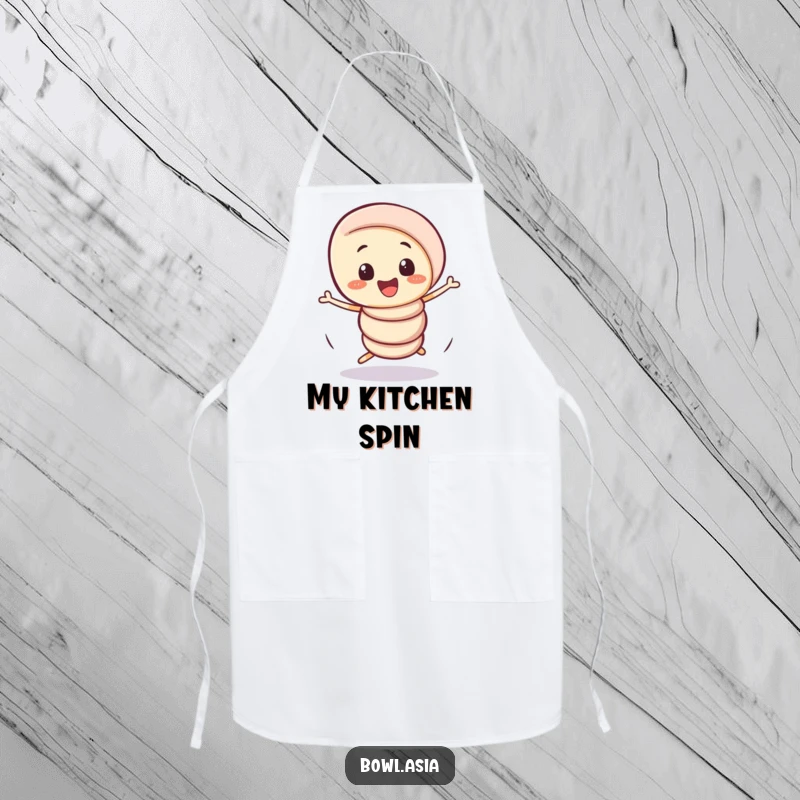 Funny playful spring roll character doing a comical, wobbly spin on a kitchen apron, a humorous and practical accessory.