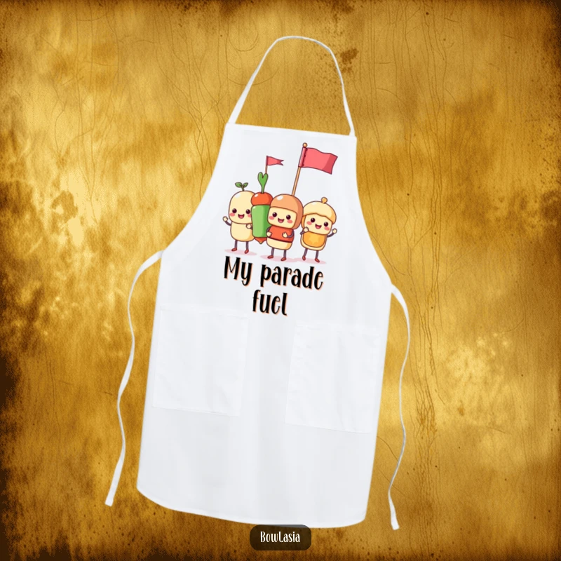 Funny food skewer characters parading with flags on a kitchen apron, a humorous and practical addition for any cook.