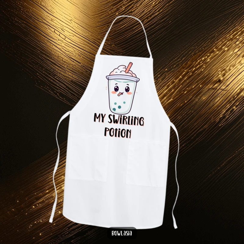 Funny happy boba tea character with a straw, doing a bubbly swirl on a kitchen apron, a humorous and practical accessory.