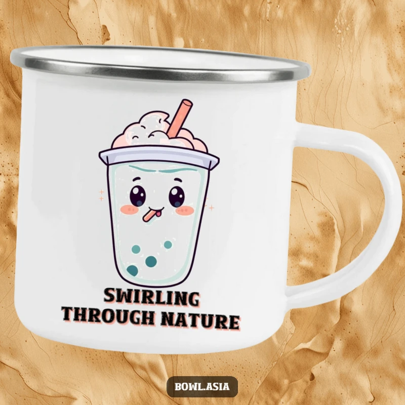 Funny happy boba tea character with a straw, doing a bubbly swirl on a camping mug, ideal for outdoor fun.