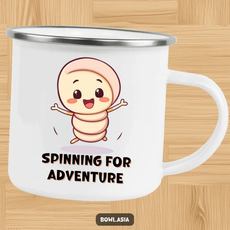 Funny playful spring roll character doing a comical, wobbly spin on a camping mug, ideal for outdoor adventures.