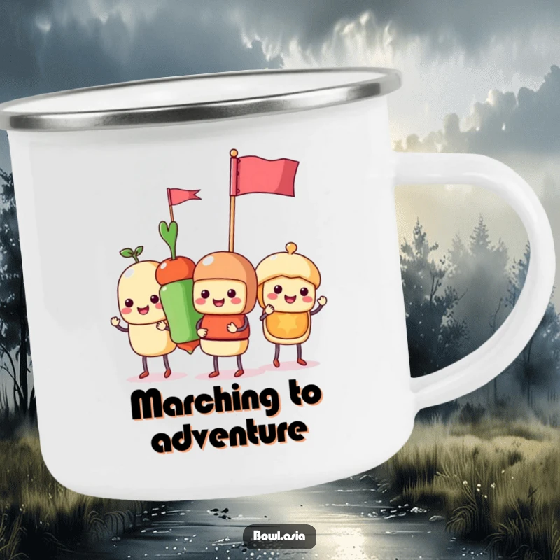 Funny food skewer characters parading with flags on a durable camping mug, perfect for outdoor adventures and humor.
