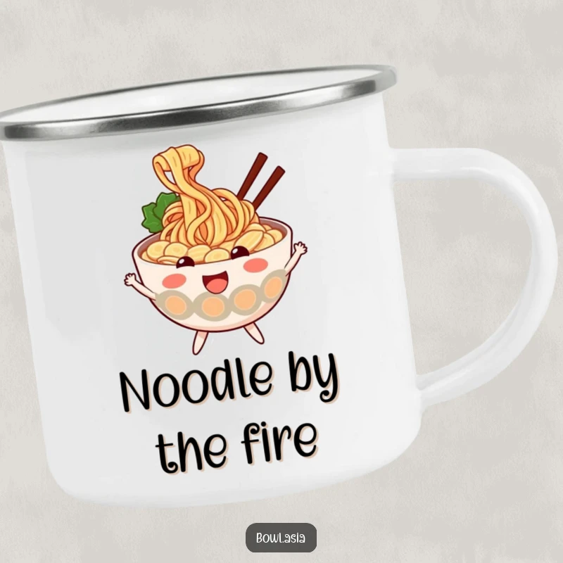 Funny ramen camping mug featuring a cheerful ramen bowl with wiggly noodles, durable and portable for outdoor fun, a great funny gift.