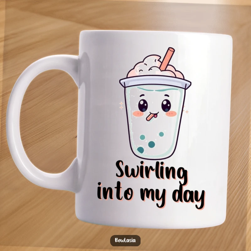 Funny happy boba tea character with a straw, doing a bubbly swirl on a mug, radiating pure joy and fun.