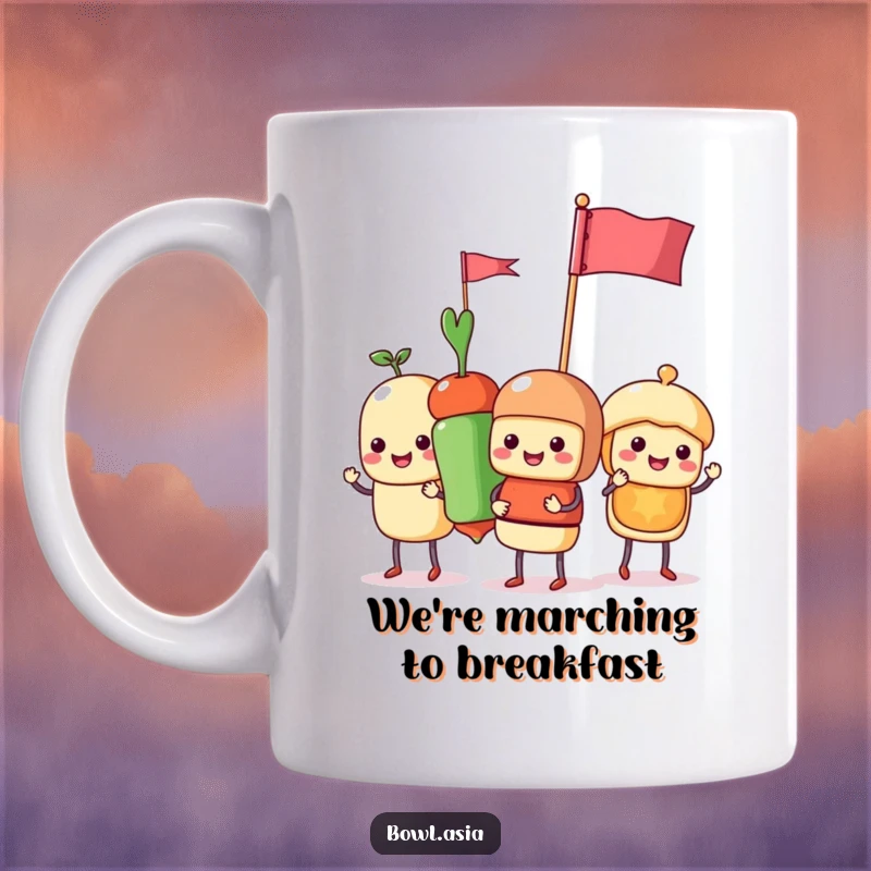 Funny food skewer characters with tiny flags parading joyfully on a mug, a delightful and humorous breakfast scene.
