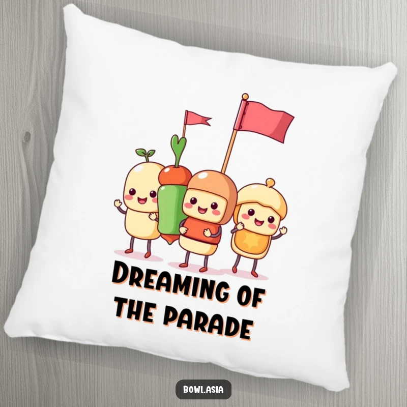 Funny food skewer characters parading with flags on a soft pillow, perfect for adding humor and comfort to any room.
