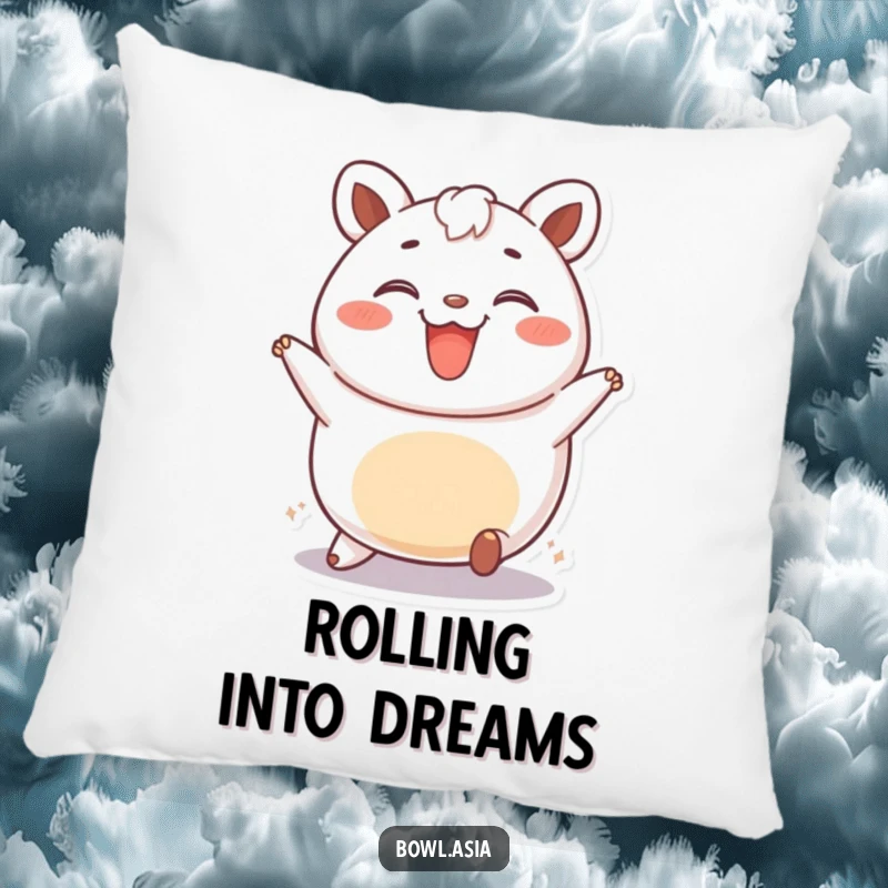 Funny bao bun pillow featuring a happy, rolling bao bun character, offering comfort and a touch of adorable, humorous sweetness.