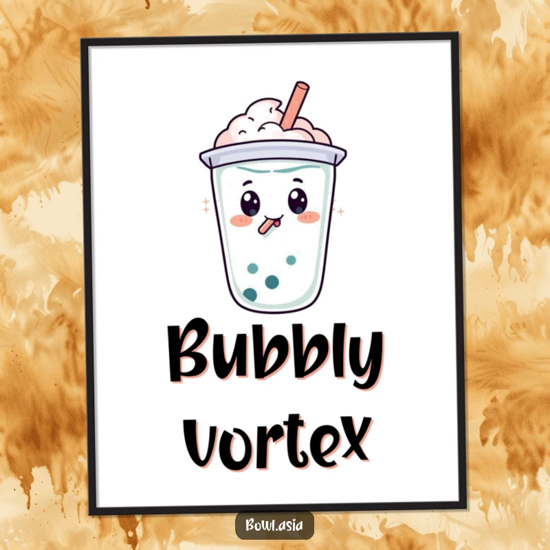 Funny happy boba tea character with a straw, doing a bubbly swirl as digital art, offering instant joy and humor.