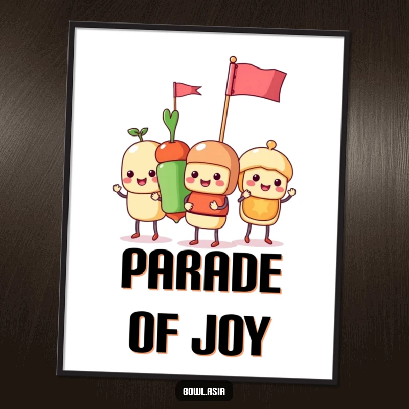 Funny food skewer characters parading with flags as digital art, offering an instant burst of humor and joy.