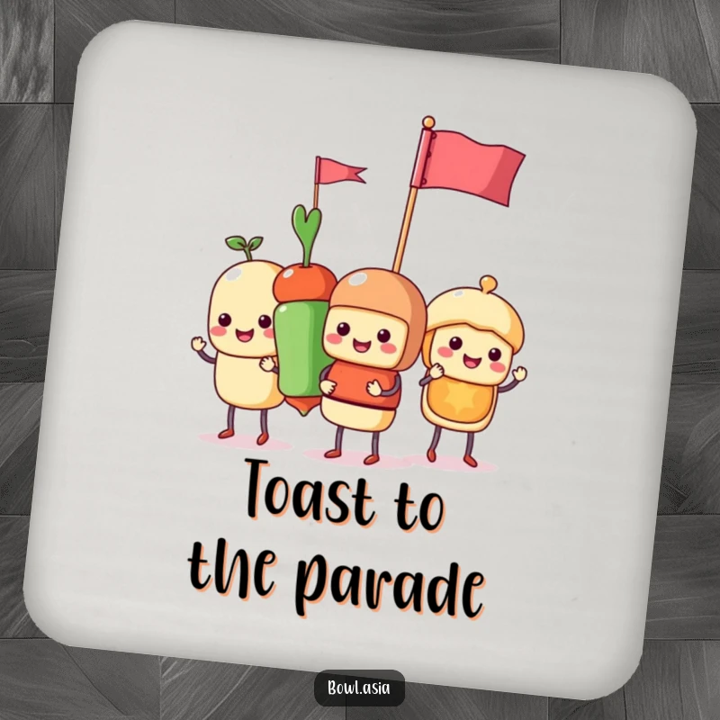 Funny food skewer characters parading with flags on drink coasters, a humorous and protective addition to any table setting.