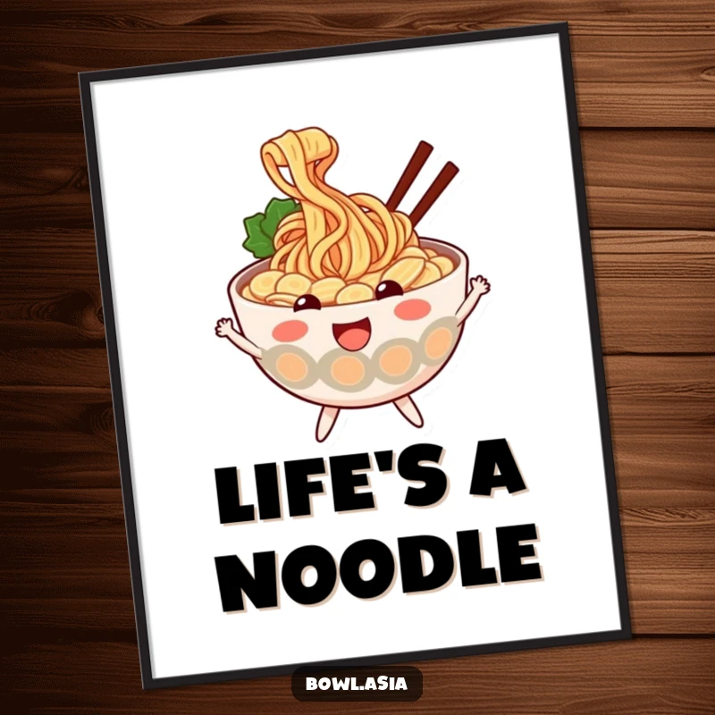 Funny ramen poster featuring a cheerful ramen bowl with wiggly noodles, bouncing with glee, whimsical and humorous food-themed wall art.