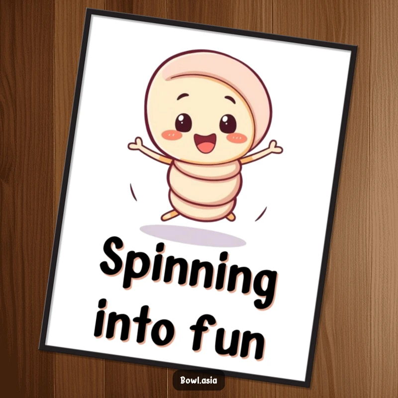 Funny playful spring roll character doing a comical, wobbly spin on a poster, bringing animated humor to any room.