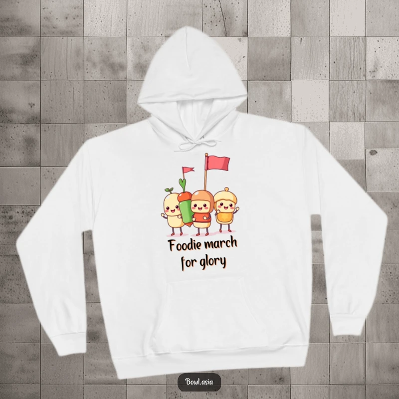 Funny food skewer characters parading with flags on a cozy hoodie, a humorous and warm apparel choice for food lovers.