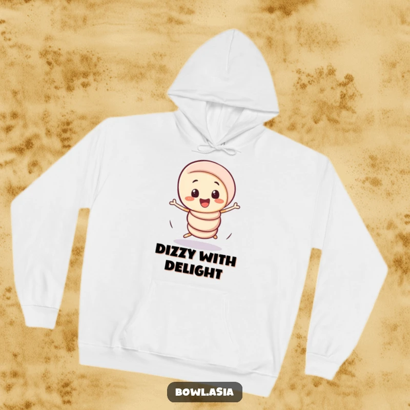 Funny playful spring roll character doing a comical, wobbly spin on a cozy hoodie, providing warmth and humor.
