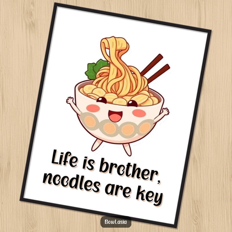 Funny free printable wall art of a cheerful ramen bowl character with wiggly noodles, bouncing with glee, a fun and funny downloadable piece.