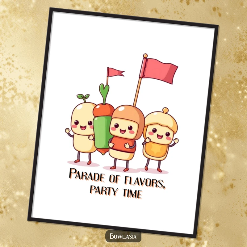 Funny Free Printable Wall Art of a smiling food skewer parade holding tiny flags, adding a humorous touch to any room.