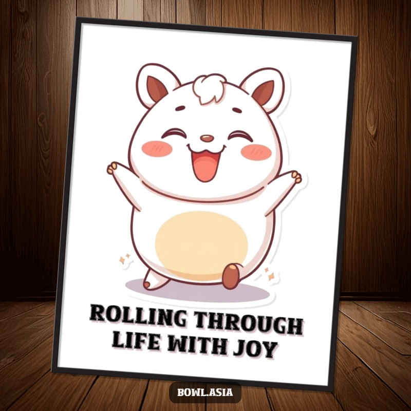 Funny free printable wall art of a happy bao bun character rolling playfully with a wide smile, a cute and funny downloadable piece.