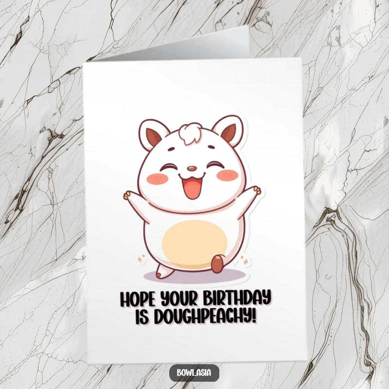 Funny free printable birthday card featuring a happy bao bun character rolling playfully with a wide smile, a cute and delicious downloadable greeting.