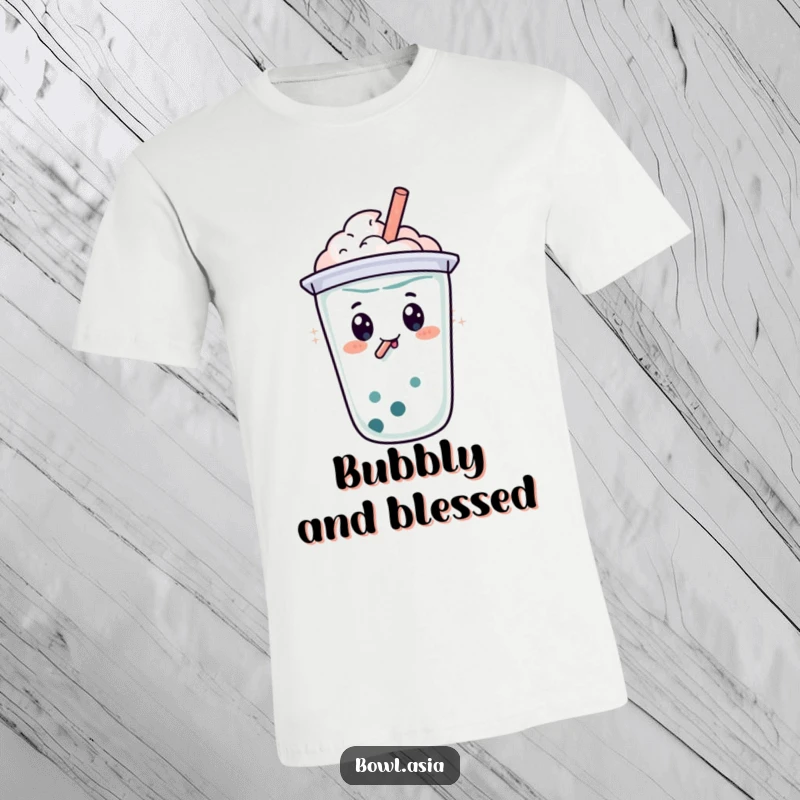 Funny happy boba tea character with a straw, swirling joyfully on a t-shirt, a delightful and humorous beverage design.