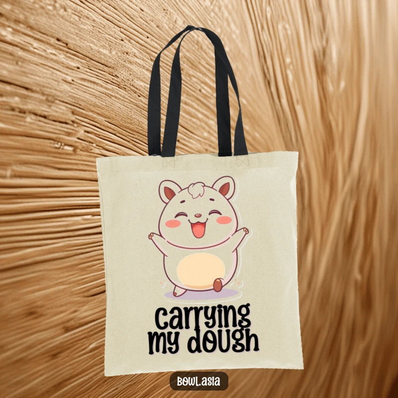 Funny bao bun tote bag with a happy, rolling bao bun character, a cute and humorous accessory for carrying essentials.